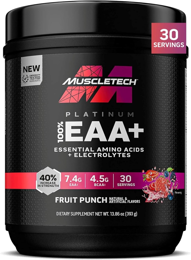 MuscleTech Platinum Aminoacidi essenziali Supplemento con elettroliti, Punch di frutta - Polvere pre-allenamento per l'energia, la crescita del muscolo e il Costruttore di resistenza - EAA Complex per uomini e donne - 30 Serve