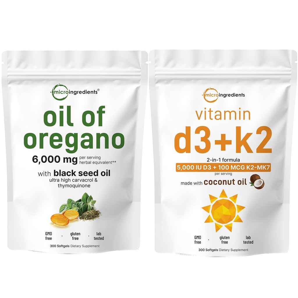 Micro Ingredienti Olio di Oregano Softgels 6.000mg Per Serving & Vitamina D3 5000 IU Plus K2 (MK-7) 100 mcg, 300 Virgin Coconut Oil Softgels Bundle Pack | 4X Strength Carvacrol & Thymoquinon | Essential
