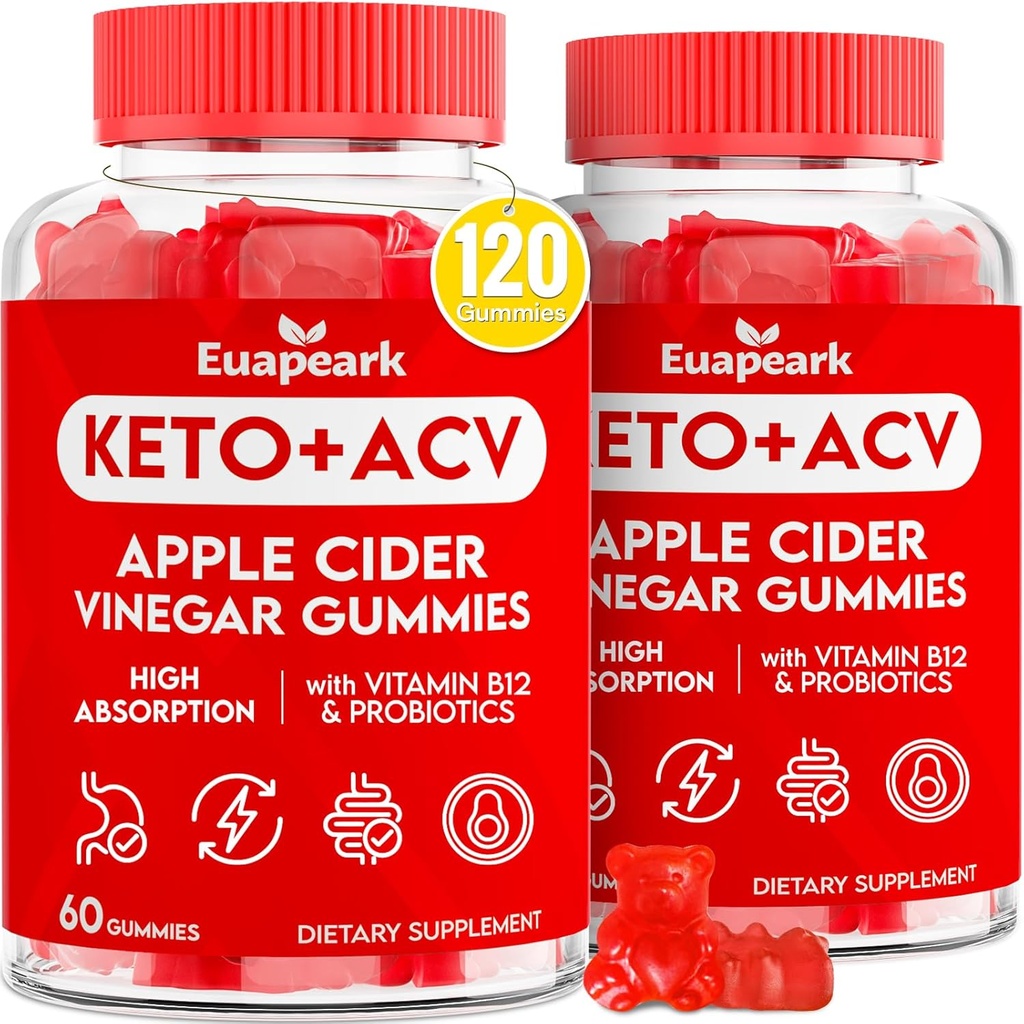 Gummie di Aceto di Sidro di Mele, Gummie di Keto ACV con Probiotici, Vitamina B12 & Keto Support, 2000 mg ACV con Madre per Digestione, Metabolismo, Cleanse & Detox Diet, Vegan, Basso Zucchero, 120 Conti
