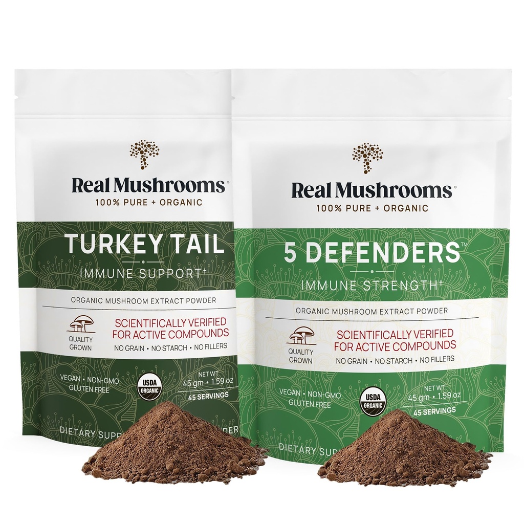 Funghi reali Tail Turchia (45g) e 5 difensori (45g) Estratto di funghi polvere Bundle - Supplemento di funghi per la forza immunitaria - Vegan, supplemento di immunità non OGM