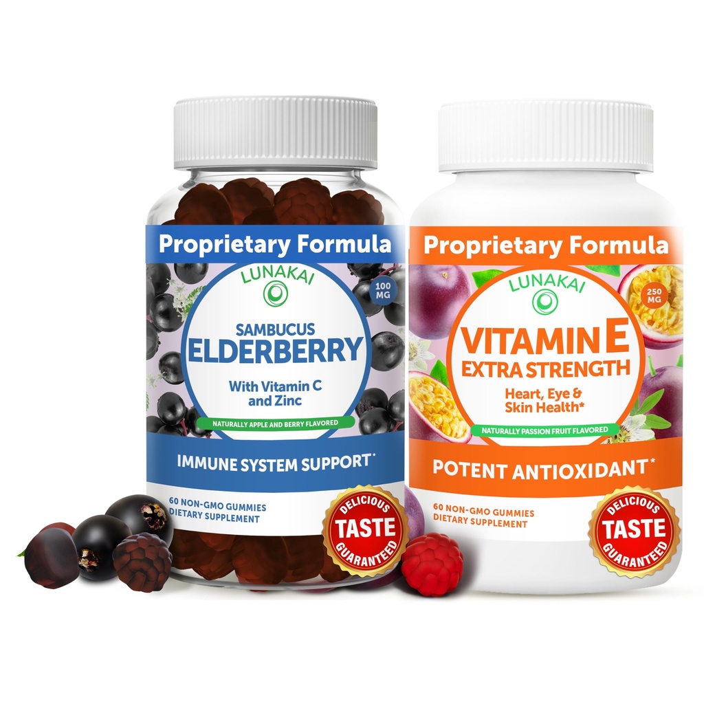 Lunakai Elderberry and Vitamin E Gummies Bundle - Integratore di supporto immunitario con Zinco e Vitamina C Plus 1000iu Natural VIT E Gummy per la salute degli occhi e della pelle