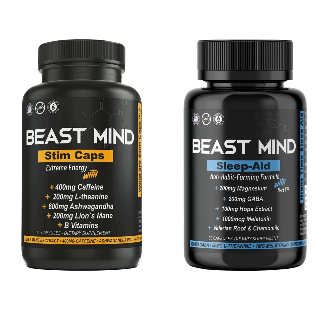 Giorno e notte di energia con sonno Aid Bundle | 400mg di caffeina | 600mg Ashwagandha | 200mg Lions Mane | Aumento di energia & Focus & Mood Sleep Aid con GABA, radice Valeriana, camomilla, melatonina, magnesio
