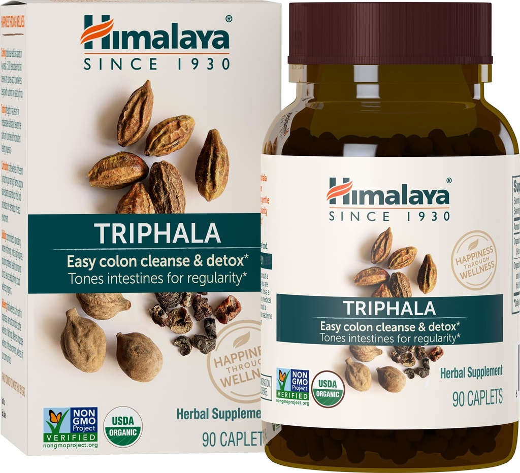 Himalaya Organic Triphala, fornitura di 90 giorni - Supplemento di salute digestivo per la pulizia del colon & Occasional Bloating and Constipation Relief - USDA Organic, Vegan, Non-OGM, Gluten Free, 688 mg, 90 Caplets