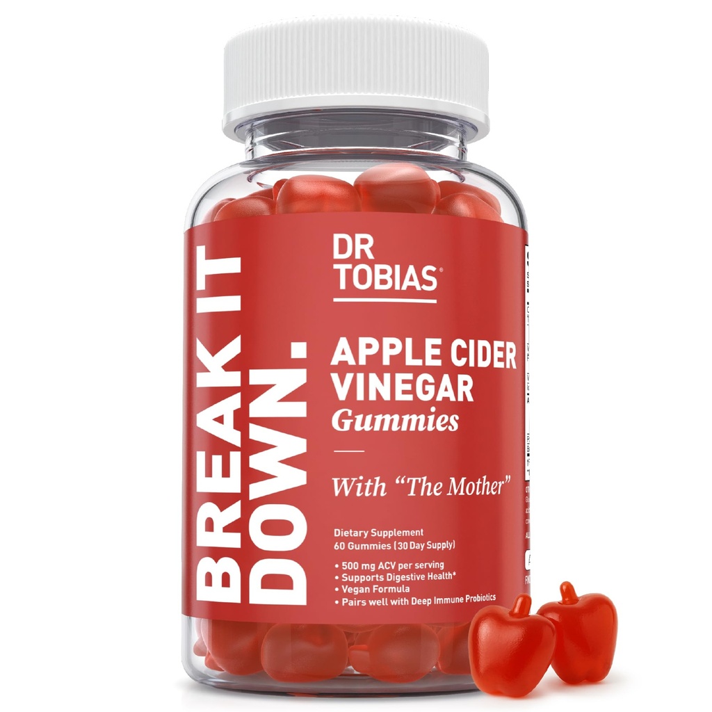 Dr. Tobias Aceto di sidro di mele Gummies con la madre, 500mg ACV per porzione, Plus Folate, B6, B12 & Iodine, Supporta la salute digestiva, Gut Cleanse & Detox, Vegan, 60 Gummies