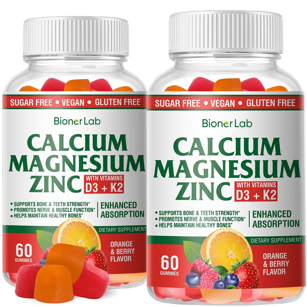 BionerLab Calcium Magnesium Zinc Gummies con Vitamina D3 & K2 - Assorbimento potenziato ad alta potenza - Arancio e Aroma di bacche