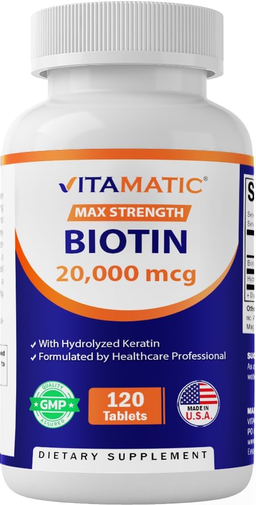 Vitamatic High Potency Biotin 20000 mcg (20mg) con Keratin 100mg - 120 Compresse Vegetariane - Integratori Biotina per Capelli Sani e Unghie per Adulti (120 Count (Pack of 1))
