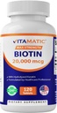 Vitamatic High Potency Biotin 20000 mcg (20mg) con Keratin 100mg - 120 Compresse Vegetariane - Integratori Biotina per Capelli Sani e Unghie per Adulti (120 Count (Pack of 1))