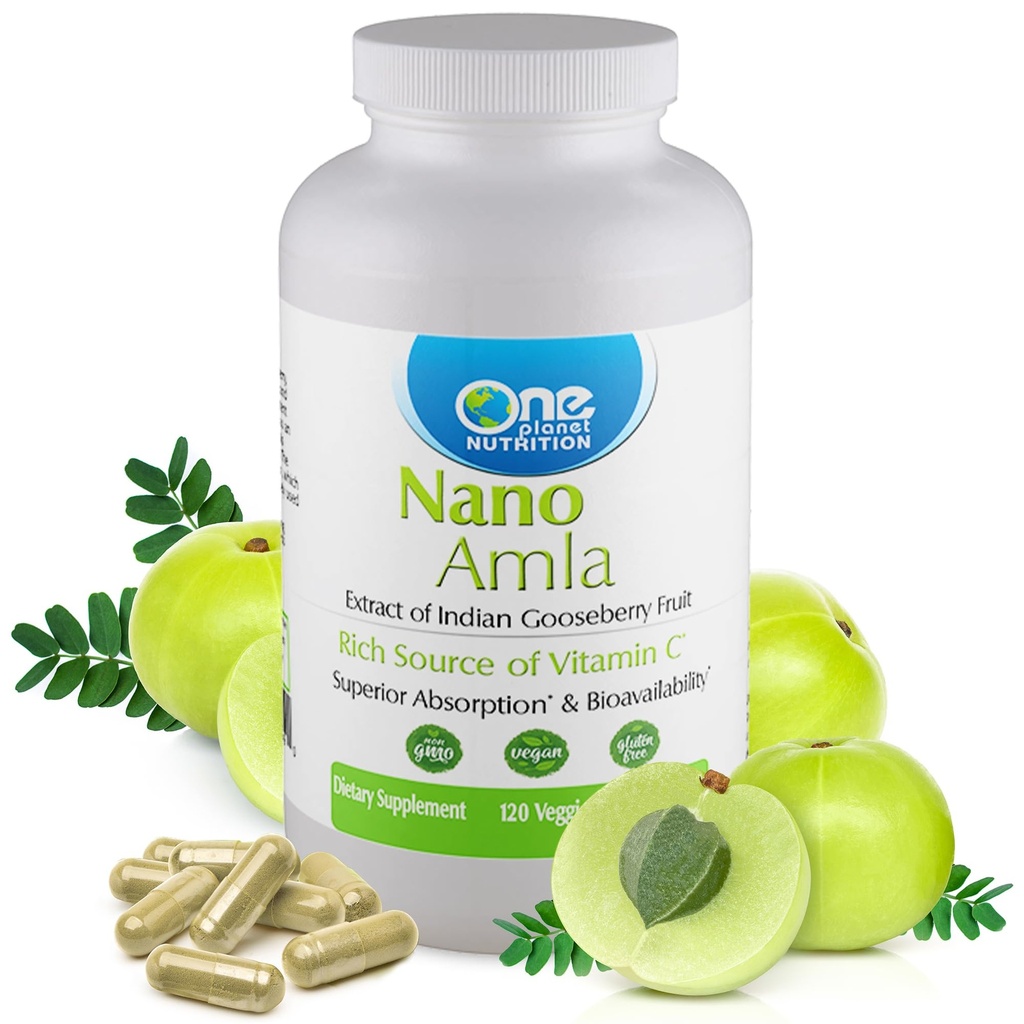 One Planet Nutrition Nano Amla 500 mg Veggie Capsule (120 Serve), Amla Fruit Extract, Alta vitamina C per la produzione di collagene e supporto immunitario, Non OGM, Vegan, Senza glutine