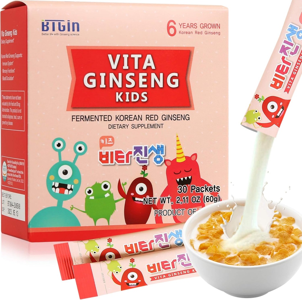 Vita Ginseng Kids, Vitamina D, Zinco, 7 Bacche, Banana, 20 Verdura, Polvere di latte per il supporto immunitario, Focus e Memory Boost, 30 Pacchetti (1Set)