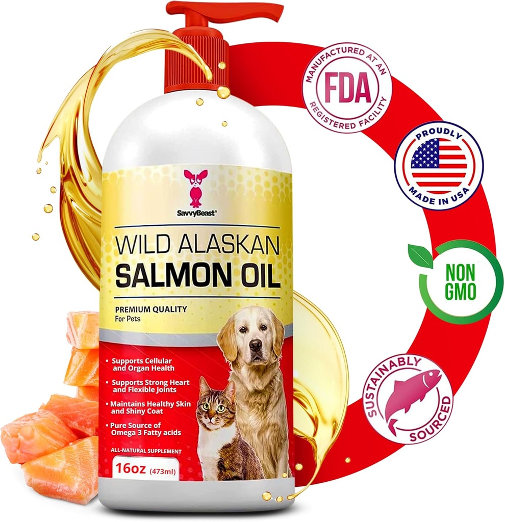SavvyBeast Wild Alaskan Salmon olio per cani, gatti e fertilizzanti – Omega-3 Fish Oil Pet Supplemento con EPA & DHA – Supporta pelle, cappotto, articolazioni, cuore, cervello, itch Relief & Immune – Non profumato – 16 oz