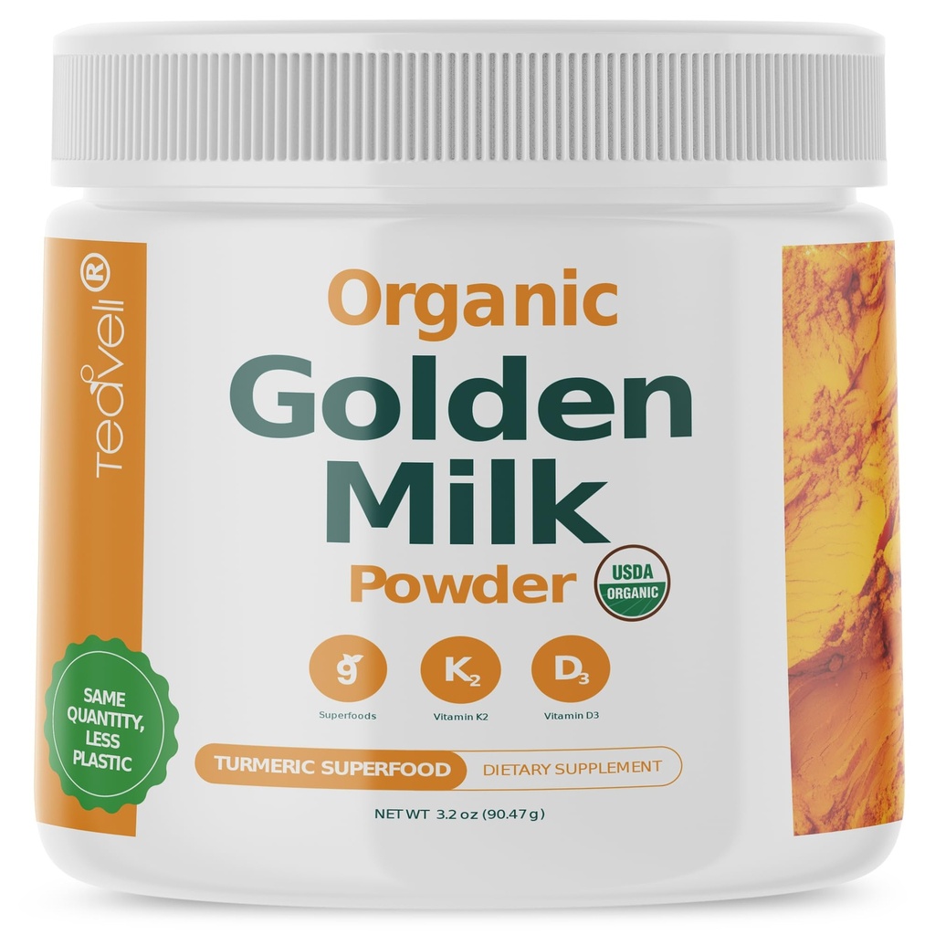 Polvere di latte d'oro organica con vitamine D3 & K2, curcuma, zenzero, curcumina, cannella, KSM66 Ashwagandha, basilico santo e prebiotici naturali– Delizioso tè erborico non zuccherato Latte- 30 Serve