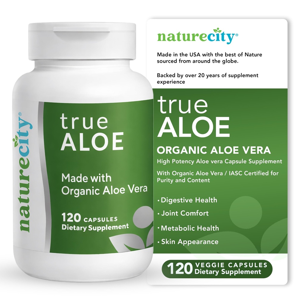 NatureCity True-Aloe Gut Health Support – 80,000mg Aloe Vera Gel Equivalent Per Serving – Organic Aloe Vera (120 capsule) per Digestivo, Skin & Joint Support | Pillole Easy-to-Swallow