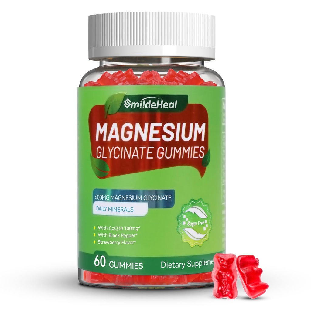 Magnesio Glycinate Gummies 600mg per Donne & Uomini, con Magnesio L-Threonate 300mg, CoQ10 e Pepe Nero, Vegan (60 Conte)