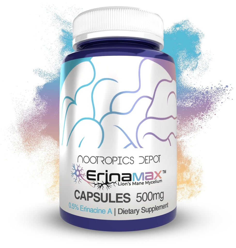 Nootropics Depot Erinamax Lion's Mane 500mg Capsule | Liquid Culture Mycelium | 2.5mg Erinacina A | Mood, Cognizione, & Nerve Support | 120 Count