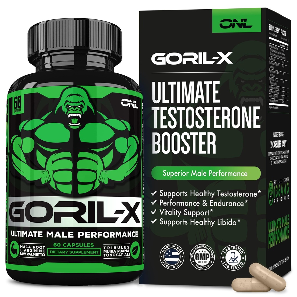 GORIL-X Testosterone Booster per gli uomini - Supplemento di testosterone di allenamento - Aumentare la dimensione, la resistenza e l'energia - 1000mg Maschio ingrandimento Horny Goat Weed - Maca Root, Tongkat Ali & Tribulus Terrestris 60 Caps