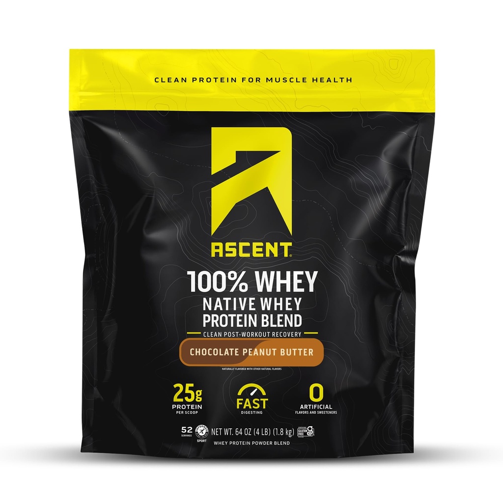 Ascesa 100% polvere di proteine del siero di latte - Isolato di proteine del siero post-allenamento, aromi e dolcificanti artificiali zero, senza glutine, 5.5g BCAA, 2,6g leucina, aminoacidi essenziali, burro di arachidi al cioccolato 4 lb