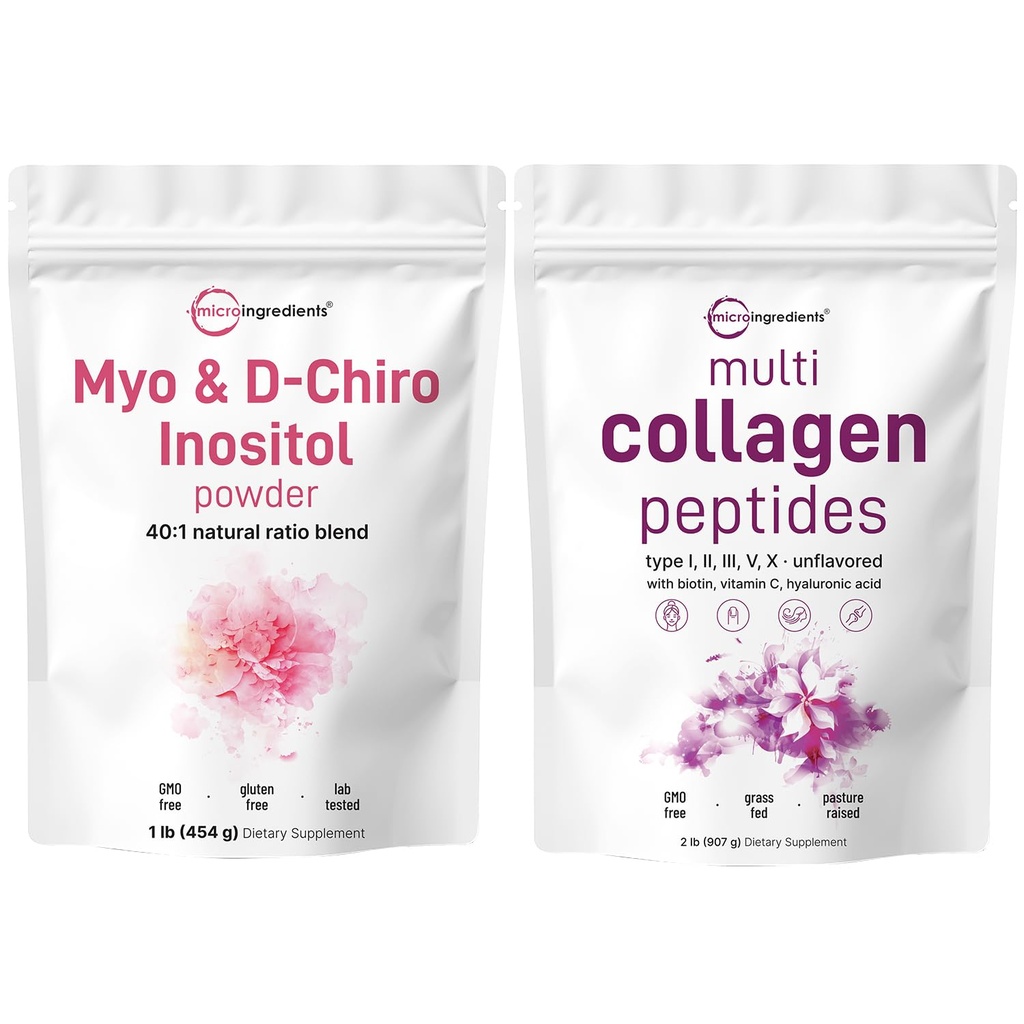 Micro Ingredienti Multi Collagen Protein Powder 2lbs & Myo & D-Chiro Inositol Powder Bundle 2 Pack | Peptidi di collagene a base di erba | Integratore di inositolo per le donne