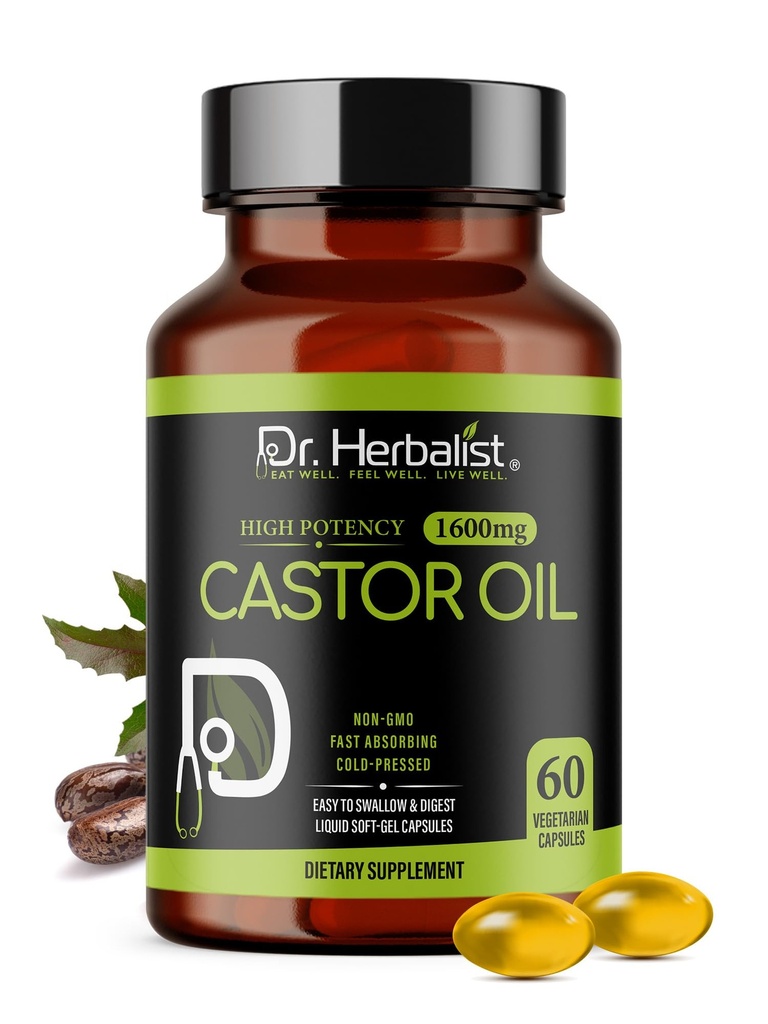 Dr. HERBALIST Castor Oil Capsules 1600mg - Cold-Pressed Ricinus Communis Seed Oil, No Fennel - 60 Easy-Swallow Vegetarian Softgels (30 Servings) - Castor Oil Pills for Hair & Skin - Halal