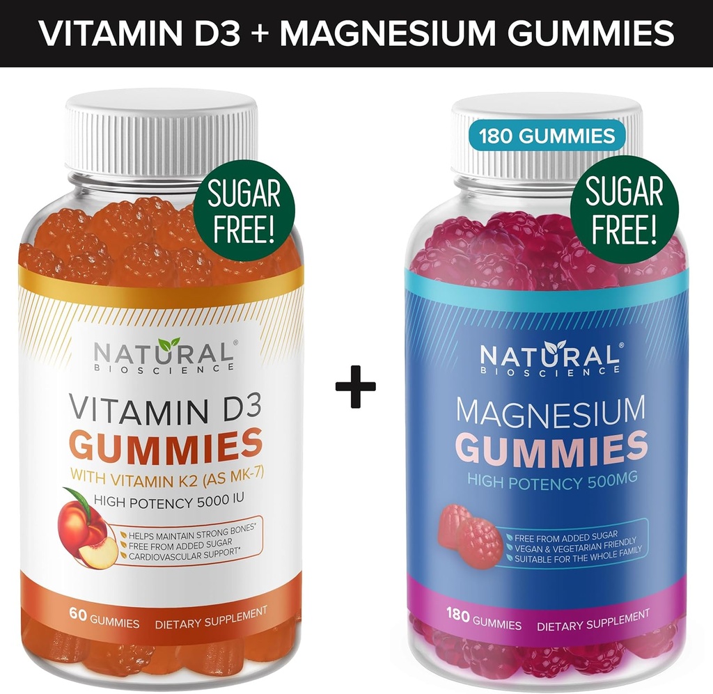 Zucchero Vitamina D3 K2 Gummies (60 Gummies) e Zucchero Extra Forza Magnesio Gummies (180 Gummies), Vitamina D3 Gummies 5000 IU+K2 MK7 80 mcg, Magnesio Citrato Gummies 500 mg