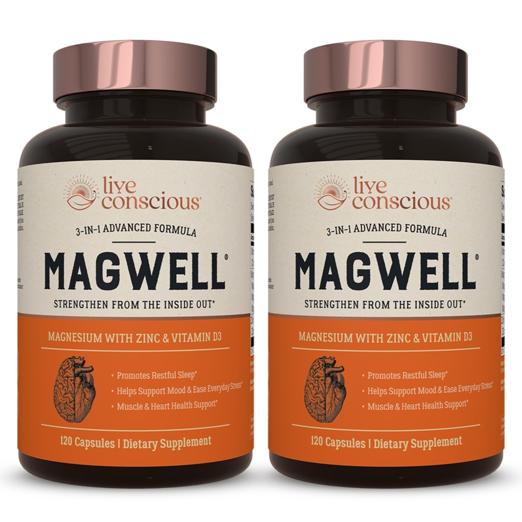 Live Conscious Magnesium Zinc & Vitamin D3 - Biodisponibili Forme di Magnesio - Malato, Glycinate, Citrate - MagWell Bone & Heart Health, Immune System Support - 120 Capsule (2-Pack)