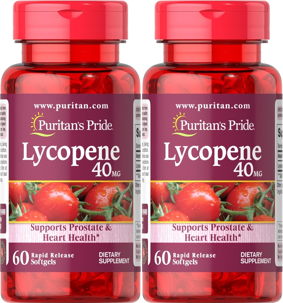 Puritan's Pride Premium Lycopene 40mg, Integratore alimentare per la prostata, Antiossidante, Salute del cuore, e Supporto per la salute generale, Alimentazione di 2 mesi, 60 Softgel a rilascio rapido, 2 Pack
