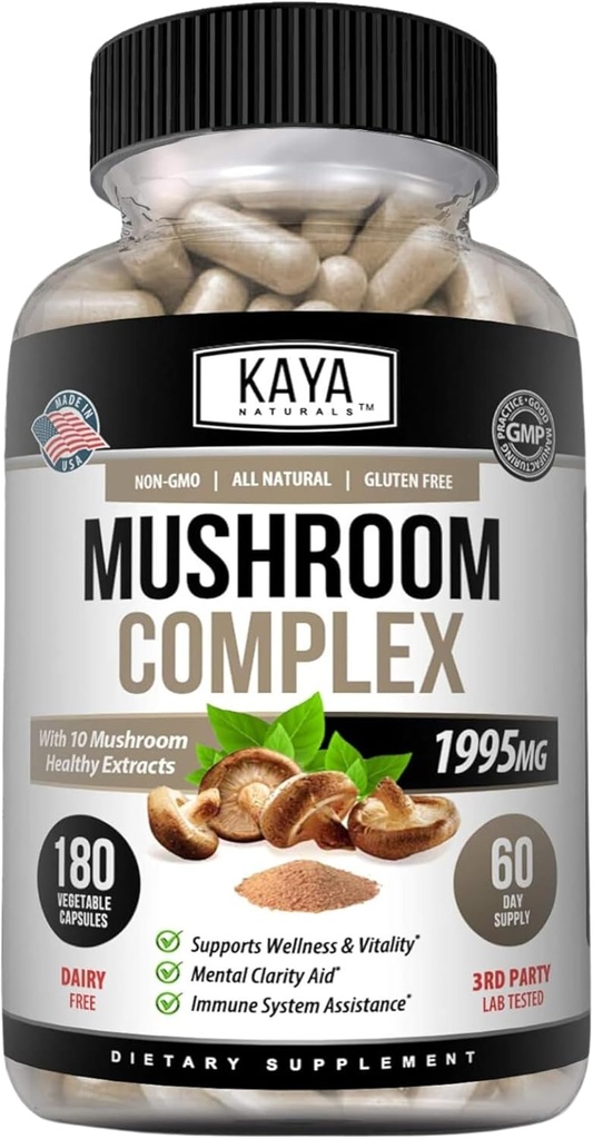 Kaya Naturals Premium Mushroom Complex Potent - Mushroom Supplement - Mushroom Complex Capsules 1995mg Per Serving - Aids Clarity Mental Supports Immune System, Wellness & Vitality - 180 Count