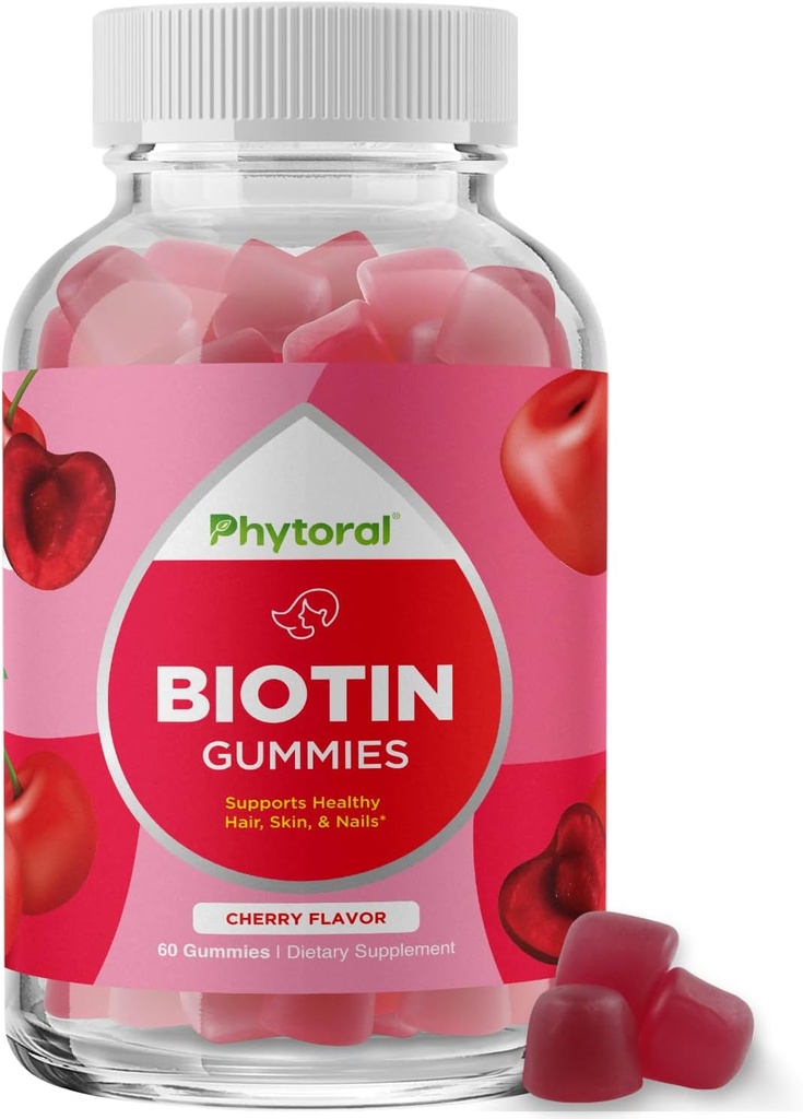 Gummie di Biotina di Phytoral per la crescita dei capelli e delle unghie - Gummie biotina per la cura dei capelli Cura della pelle giovanile e Unghie - 5000mcg per la cura delle unghie della pelle Vitamine di bellezza adulta