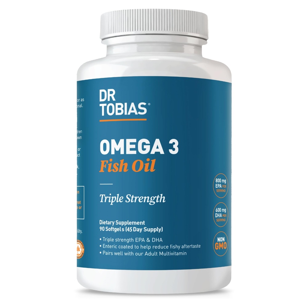Dr. Tobias Omega 3 Fish Oil, 2000mg Triple Strength con 800mg EPA 600mg DHA Per Serving, Fish Oil Omega 3 Integratori per Cuore, Cervello e Supporto Immune, 90 Softgels, 45 Serve