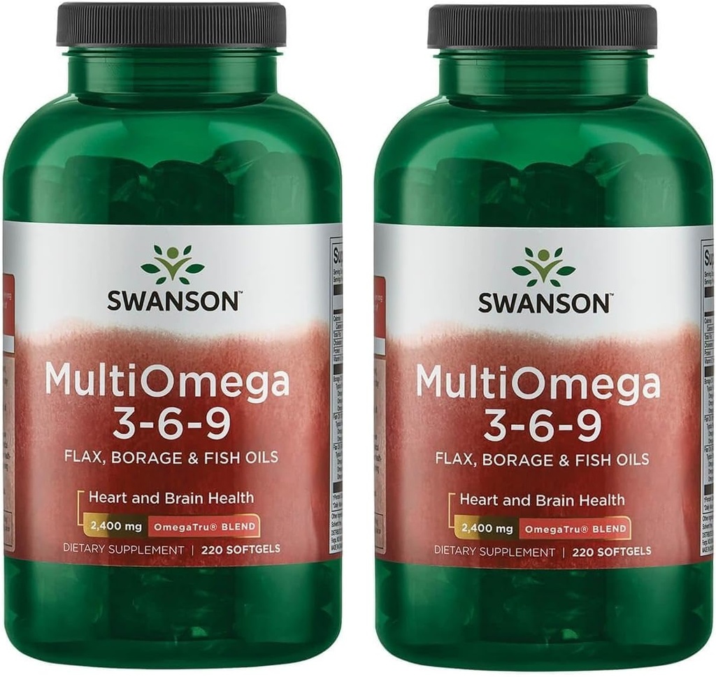 Swanson MultiOmega 3-6-9 - Flax non OGM, Borage & Fish Oil Capsule - Acidi grassi essenziali Supportando la salute cardiovascolare e la salute del cervello - (220 Softgels, 2400mg Serving) 2 Bottiglie