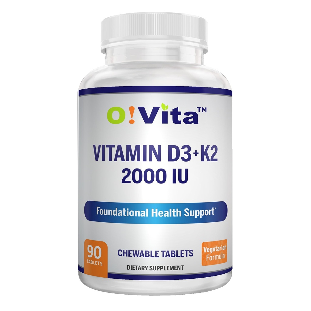 Vitamina D3 + K2 2000IU Chewable for Bone Health Support, 90 compresse masticabili vegetariane, fino a 3 mesi di alimentazione