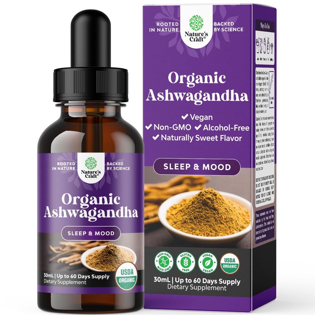 USDA Organic Ashwagandha Liquid Drops - Estratto di radice di Ashwagandha per lo stress e il supporto del mood - Delicious Pure Adaptogen Drops for Adults - Tinture di erbe senza alcool per il riposo - bottiglia da 30 ml