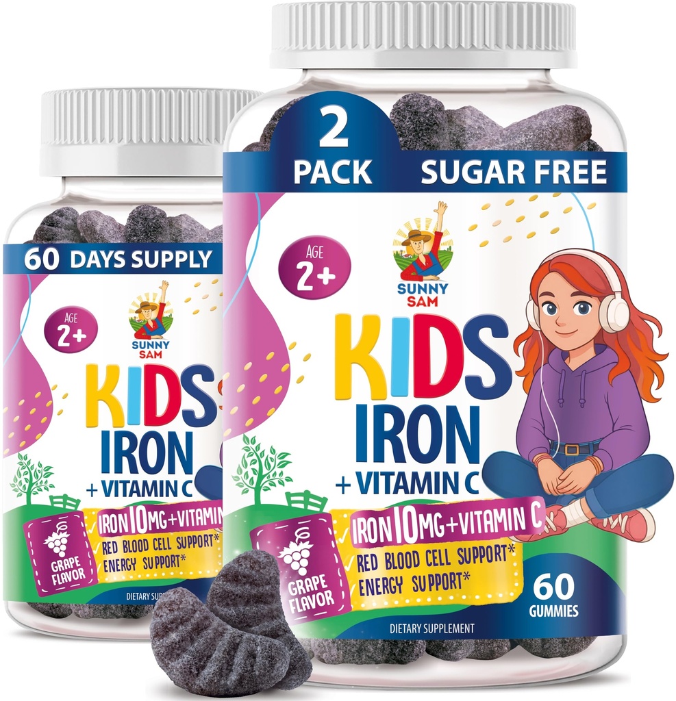 SUNNY SAM Iron Gummies for Kids & Teens - 10mg Vitamine con Vitamina C - Low-Sugar Chewable Iron Gummy Supplemento per il supporto immunitario, Supporta la produzione di globuli rossi per bambini e ragazze adolescenti