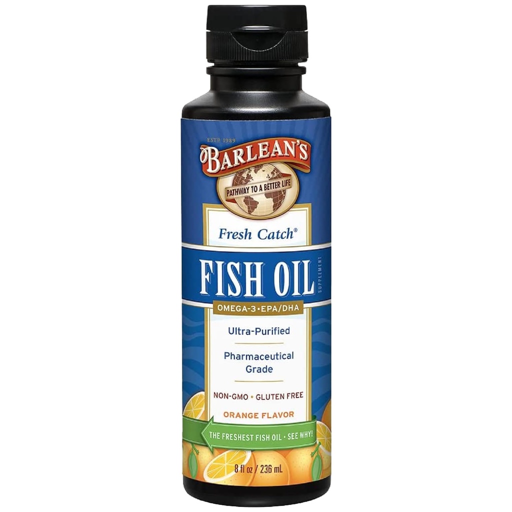 Integratore liquido dell'olio di pesce Omega 3 di Barlean, 1262mg EPA e DHA acidi grassi, Non-OGM e senza glutine, aroma d'arancia, 8 oz