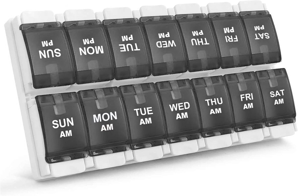 Sukuos AM PM Weekly 7 Day Pill Organizer, 2 volte A Day Pill Box con Arthritis Friendly Push Button, Medicine Cases for Vitamin/Fish Oil/Supplements, Facile da pulire (nero)