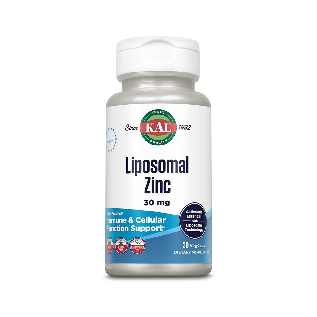 KAL Liposomal Zinc 30mg, Funzione cellulare e Supplemento di supporto immunitario, Integratori di zinco ad assorbimento potenziato, Vegan, Gluten Free, Soy Free, 30 Servings, 30 VegCaps