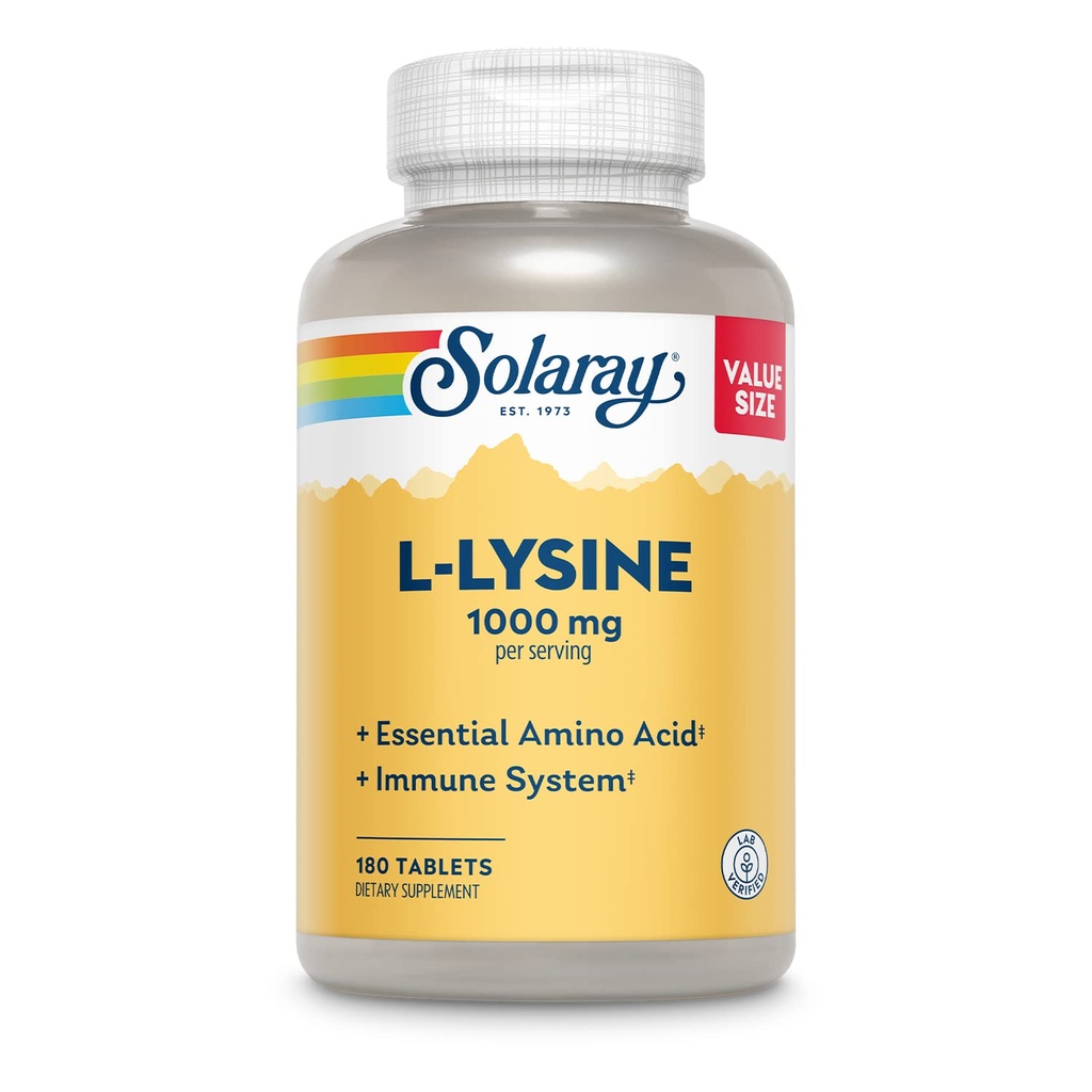 SOLARAY L-Lysine, Free-Form 1000 mg, Essential Amino Acid Immune Support Supplemento con Vitamina C 1.000 mg e Zinc 25 mg, Valore Size, Lab Verified, 60-Day Guarantee, 60 Serve, 180 compresse