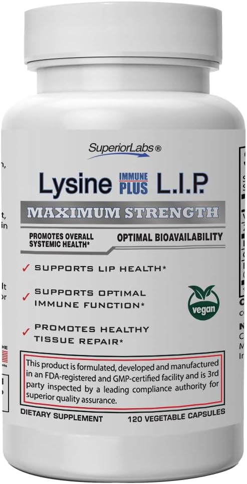 Labs superiori Lysine Immune Plus Lip, Clinically Proven Lip Health & Support, L-Lysine Bound to HCI per la stabilità ottimale e l'assorbimento per risultati rapidi, Bioactive con Zero Harmful Additives