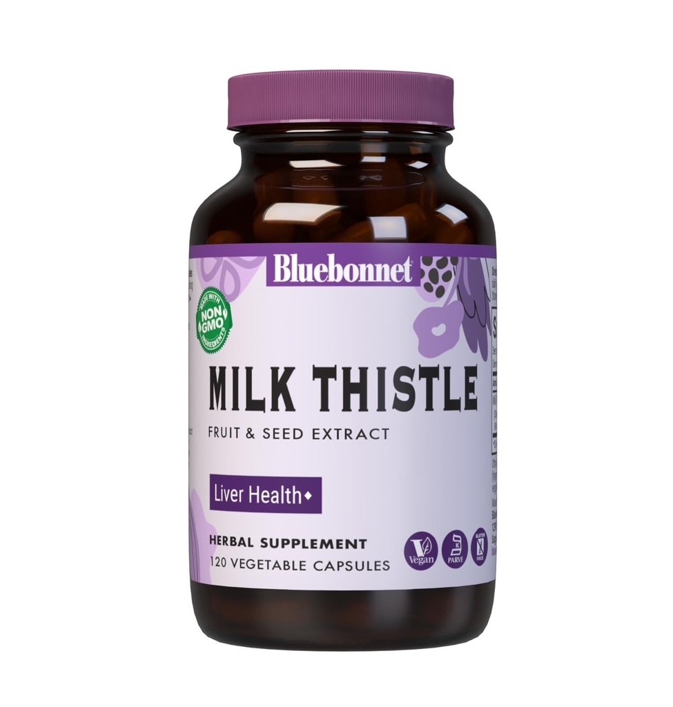 BlueBonnet Nutrition Milk Thistle Fruit & Seed Extract, Liver Health*, Non OGM, Vegan, Kosher Certified, Gluten-Free, Soy-Free, 120 Capsule vegetali, 120 Serve