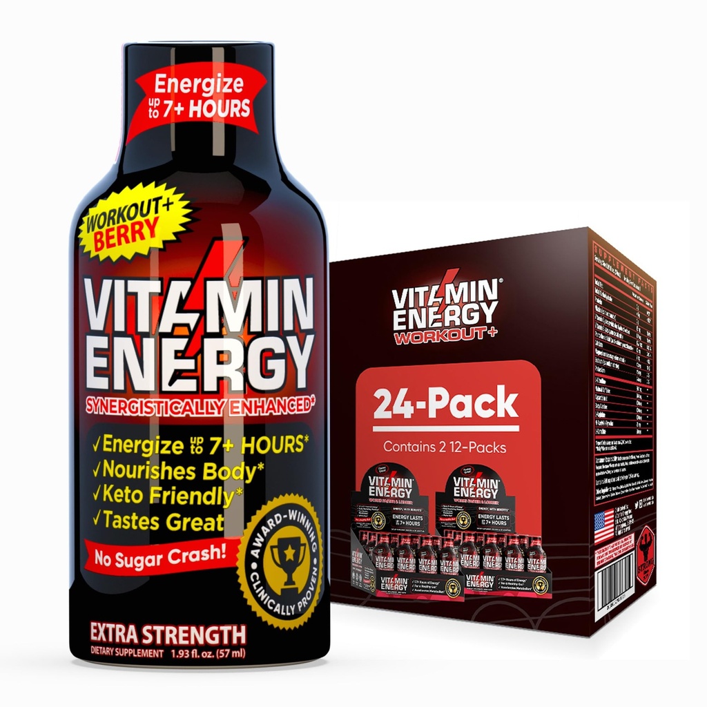 Vitamin Energy Workout+ Extra Strength Energy Shot Berry 24 Pack, 260mg Natural Caffeine, Pre-Workout, B-Vitamins, Minerali, Endurance & Performance, Zero Sugar, Gluten-Free, Vegan, 1.93 fl oz
