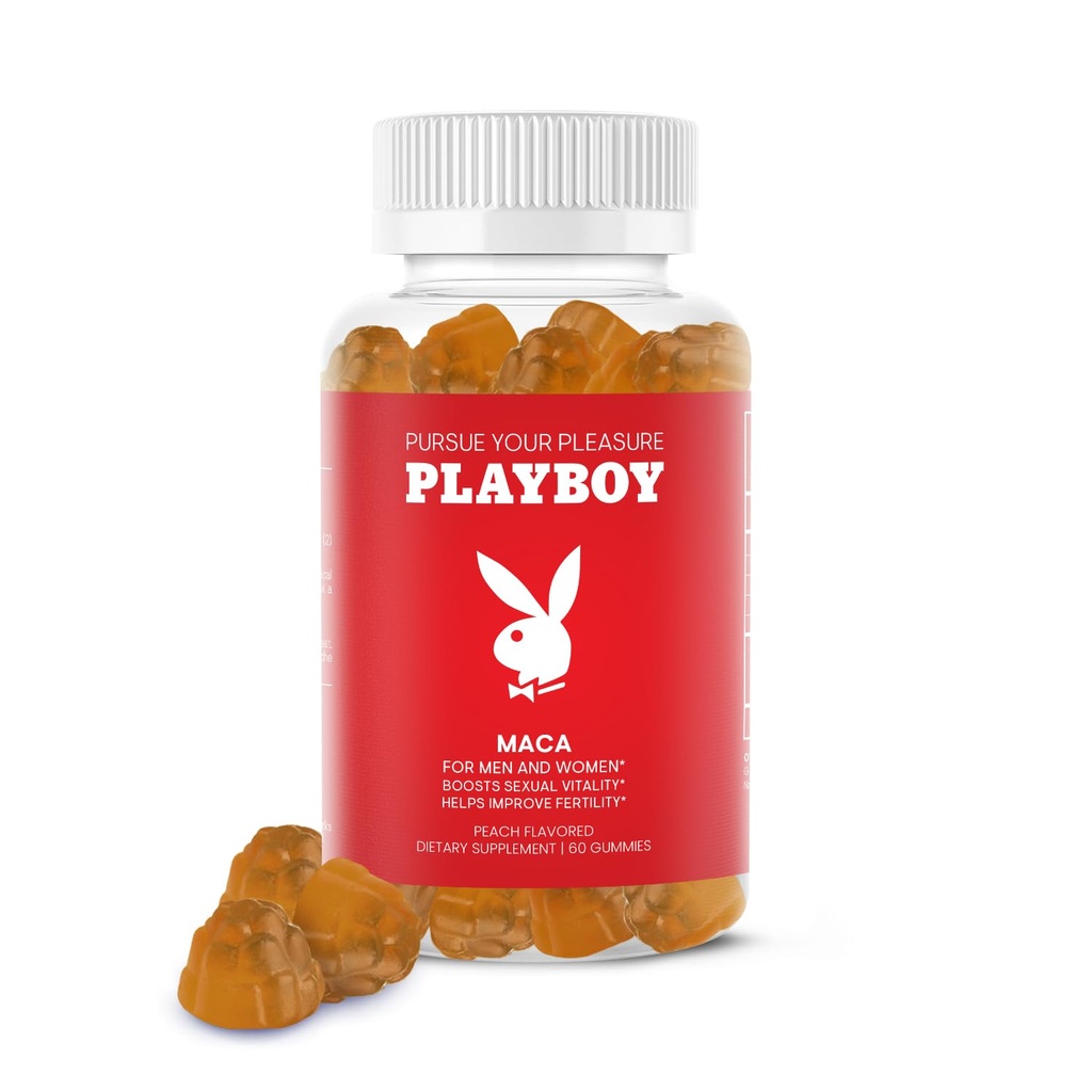 Playboy - Maca Root Gummies for Women and Men (60 Count - Peach Flavored) - Boost Vitality sessuale, Libido, Fertilità - Maca Gummies Supplement - 100% naturale, Vegan Non OGM - 4:1 Extract Maca Peruana