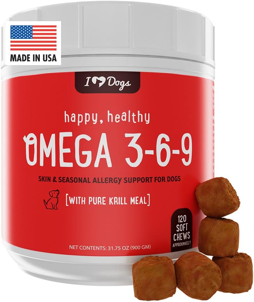 iHeartDogs Omega 3-6-9 per cani - Integratore di olio di pesce di pelle e cappotto per cani con olio di Krill antartico puro - Allergy & Itchy Cuciture di sollievo della pelle, 120 Conte