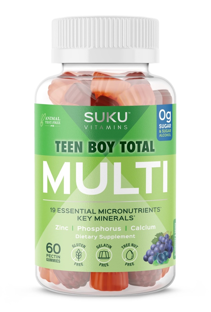 SUKU Teen Boy Multivitamin Gummies – Vitamine A, B12, C, D3, E, Zinc & Biotin – Integratore Vegetariano Senza Zucchero per Energia, Crescita, Immune & Bone Salute – Uva Flavor – 60 Conte