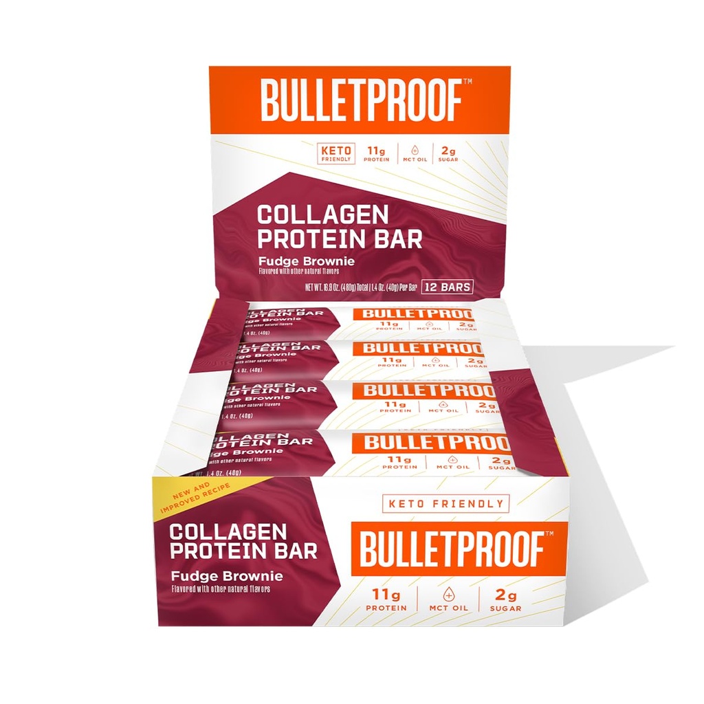Bulletproof Fudge Brownie Collagen Protein Bars, Confezione di 12, Keto-Friendly Snack con olio MCT, Collage a base di erba, senza aggiunta di zucchero