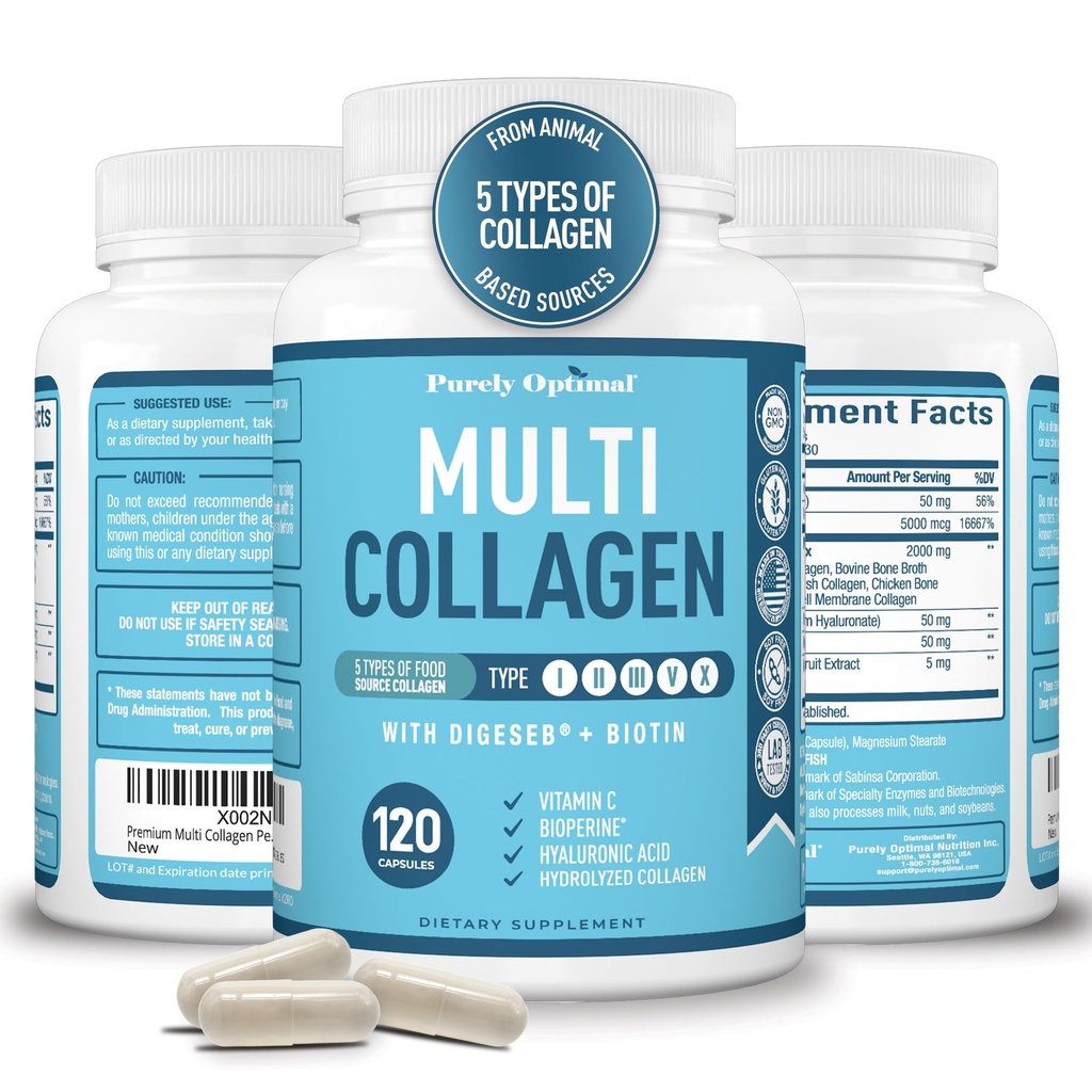 Peptidi Multi Collagen Premium (Tipes I, II, II, V, X) - Pillole di collagene per la cura della pelle, la crescita dei capelli, unghie e articolazioni - Vitamina C, Acido Ialuronico, Biotina, Gluten Free - 120 capsule di collagene