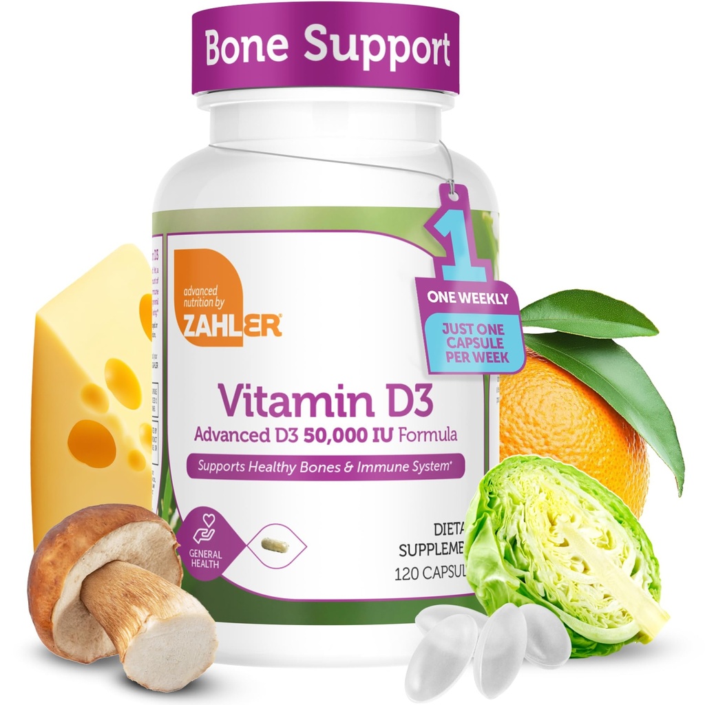 Zahler - Advanced Vitamin D3 50000 capsule IU (120 Count) Kosher Vitamina Per vegetariani Amichevole D per il supporto immunitario, Bone, denti e salute del muscolo - Supplemento settimanale della vitamina D3- Easy Swallow Vitamin D3.