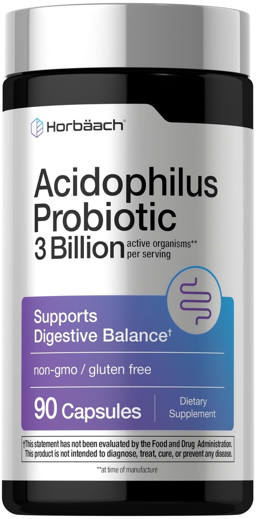 Horbäach Probiotico per la salute digestiva delle donne e degli uomini | 3 miliardi di CFU | 90 capsule | Non-GMO & Gluten Free