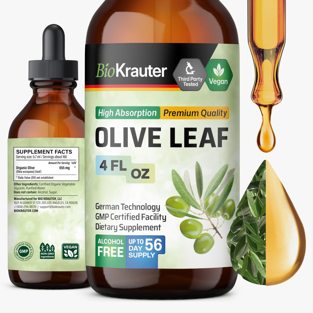 BIO KRAUTER Olive Leaf Extract Liquid - Olive Leaf Tincture for Immune Support - Alcol and Sugar Free - Vegan Drops 4 Fl.Oz.