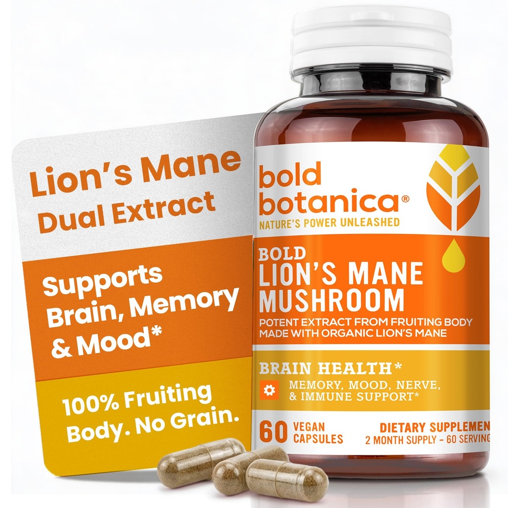 Bold Botanica Lion’s Mane Mushroom Capsule - 100% Fruiting Body – Concentrato Organic Lion’s Mane Extract – Nootropic Brain Health – Memoria, Mood, Supporto Immune – 60 Capsule Vegan
