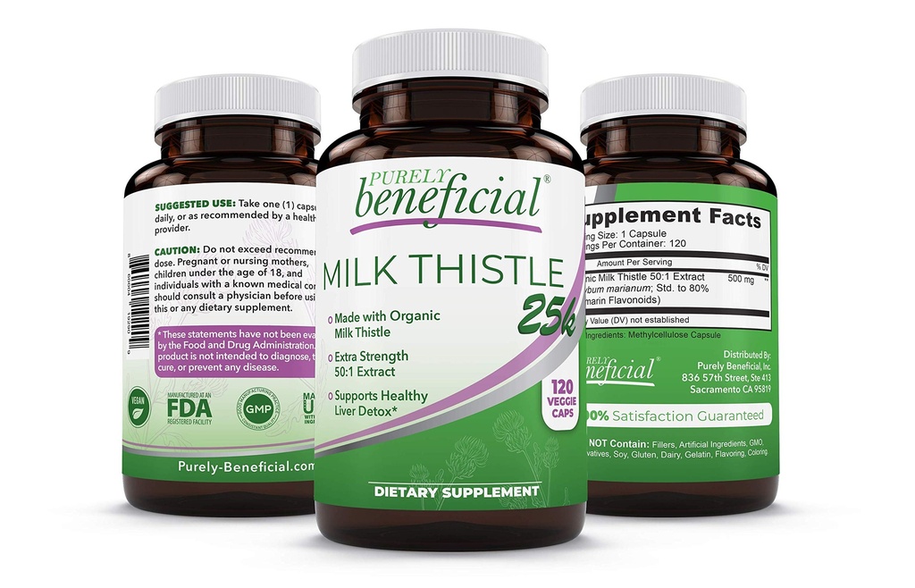 PURELY benefico latte biologico capsule di cardo, 50:1 estratto di cardo di latte, pulizia del fegato & supporto antiossidante, 120 capsule di veg, Vegan & non OGM
