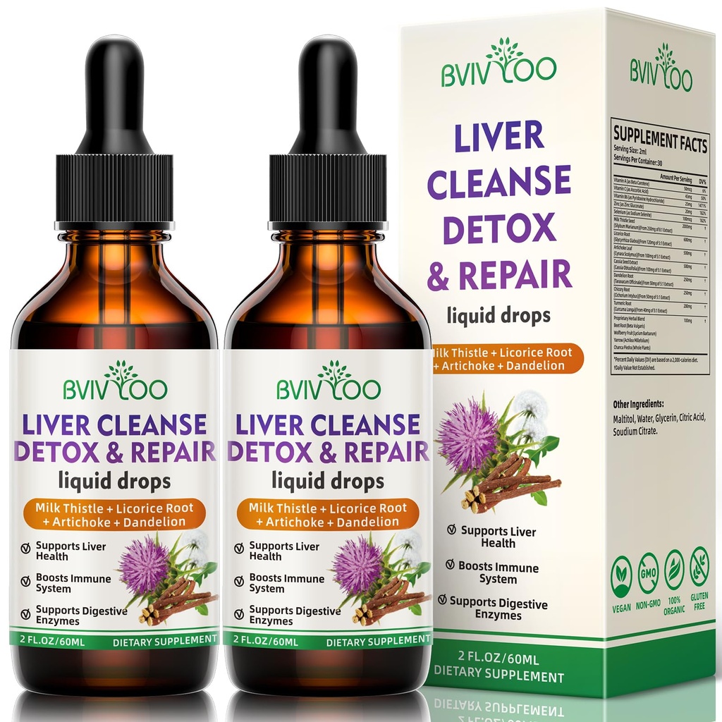 2 pacchetto fegato salute gocce liquide - 2000mg latte Thistle, Dandelion Root, Artichoke, Silymarin Extract, & Turmeric Herbs - Vegan, Non-GMO - 4 Fl Oz (120ml)